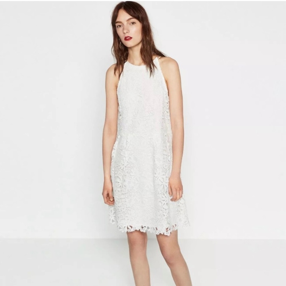 Zara Guipure Halter Neck White Floral Lace Dress